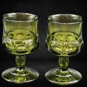 Indiana Glass King's Crown Thumbprint Green Goblets Juice Glasses Pair